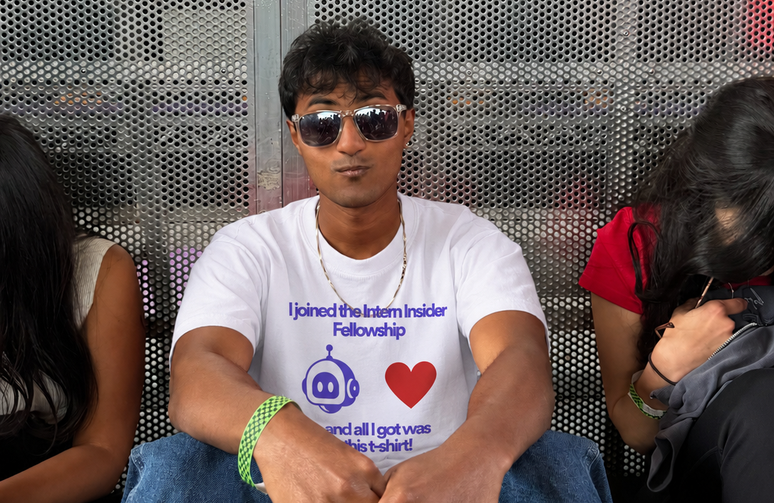 Paurav wearing his Intern Insider Fellowship shirt