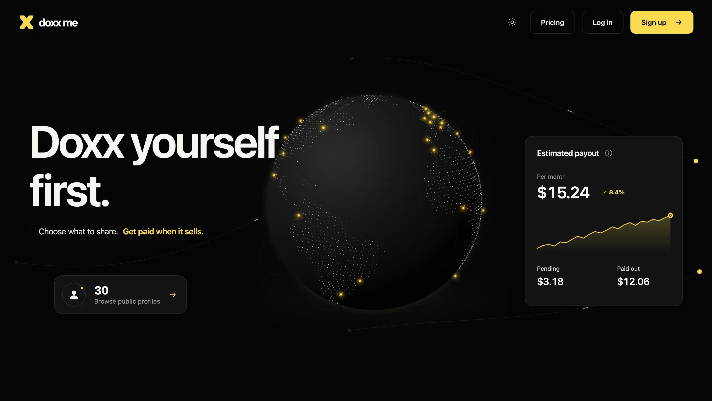 Doxxme product page with the data globe visible