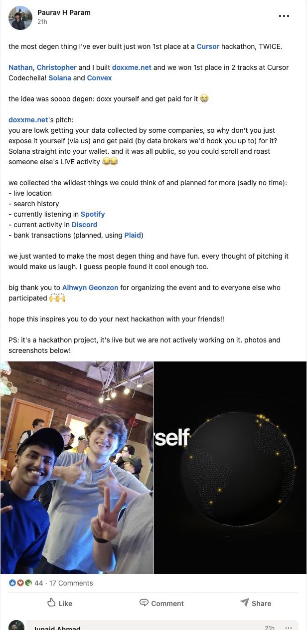 Screenshot of Paurav's Codechella LinkedIn post