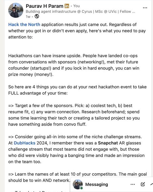 Screenshot of Paurav's Hack the North LinkedIn post