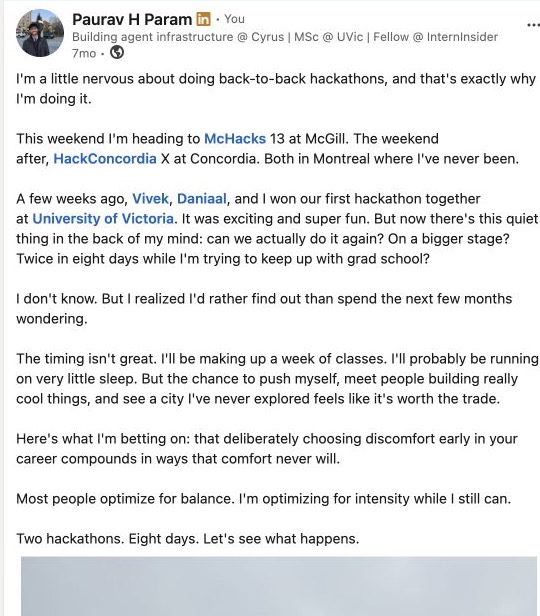 Screenshot of Paurav's back to back hackathons LinkedIn post