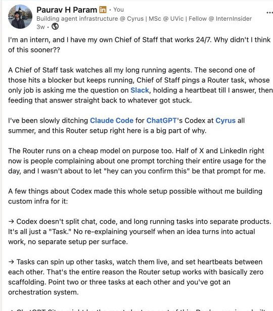 Screenshot of Paurav's LinkedIn post about an agent workflow