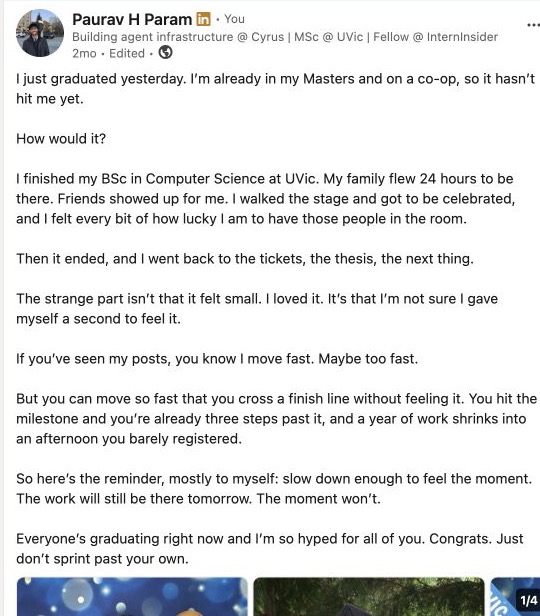 Screenshot of Paurav's graduation LinkedIn post