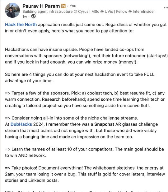 Screenshot of Paurav's Hack the North LinkedIn post