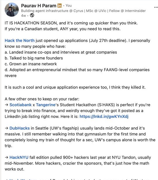 Screenshot of Paurav's hackathon season LinkedIn post