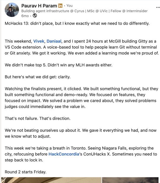 Screenshot of Paurav's McHacks Gitty LinkedIn post