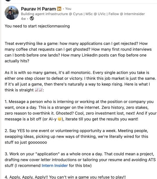 Screenshot of Paurav's rejectionmaxxing LinkedIn post
