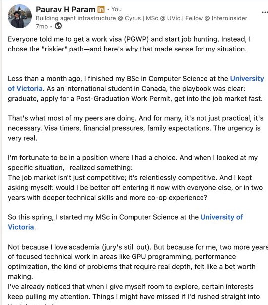 Screenshot of Paurav's riskier path LinkedIn post