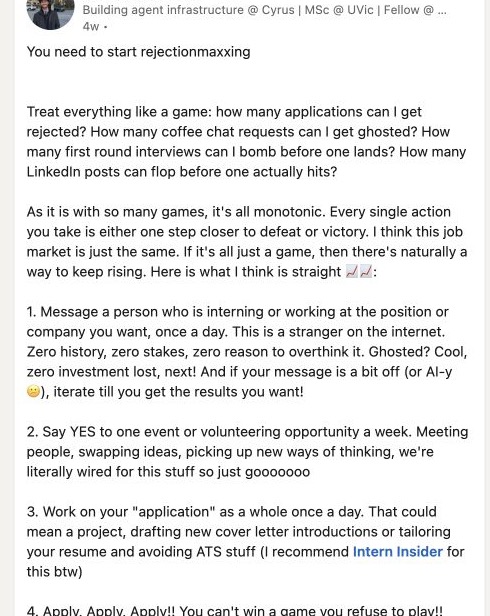 Screenshot of Paurav's rejectionmaxxing LinkedIn post